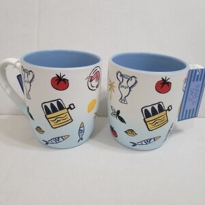 NEW! Luna & Sage Coastal Nautical Blue Ombré Sardine Soft Touch Coffee Mug 2 SET